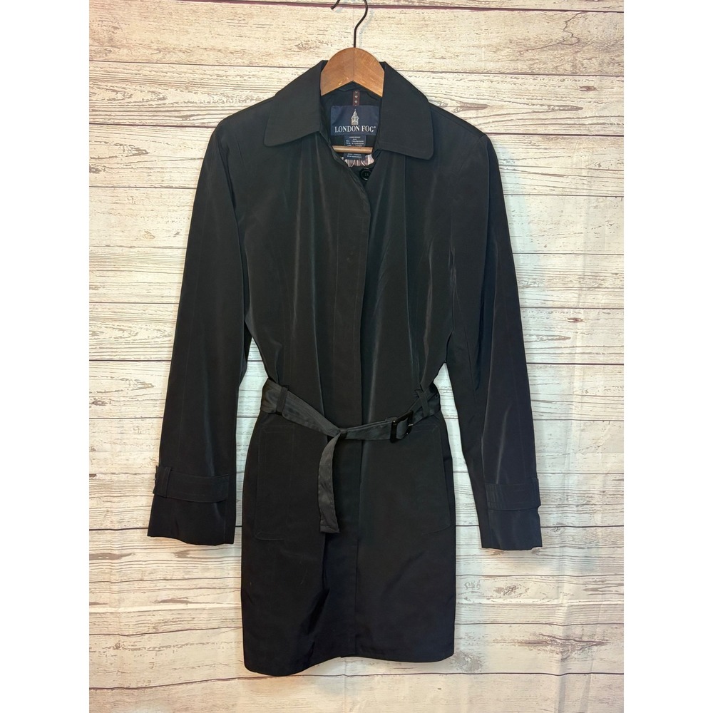 London Fog Black Belted Hidden Zipper Trench Coat Medium